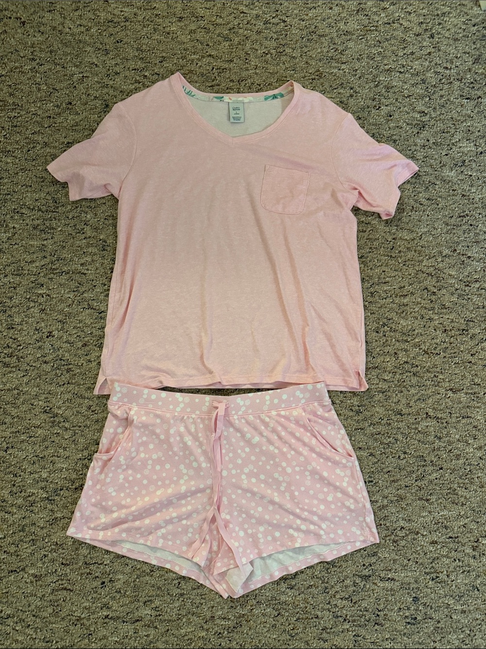 croft & barrow Pink Short Sleeve Top and Polka Dot Shorts Sleep Set